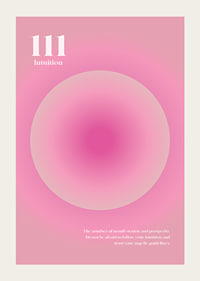 Abstrakt cirkulär illustration i rosa toner med texten 111-3