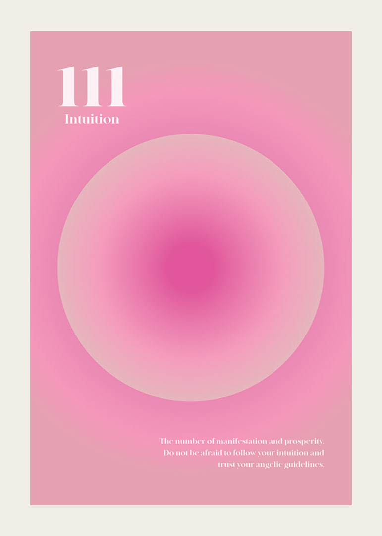 Abstrakt cirkulär illustration i rosa toner med texten 111-12