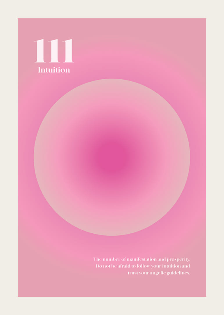 Abstrakta apļveida ilustrācija rozā toņos ar tekstu 111-12