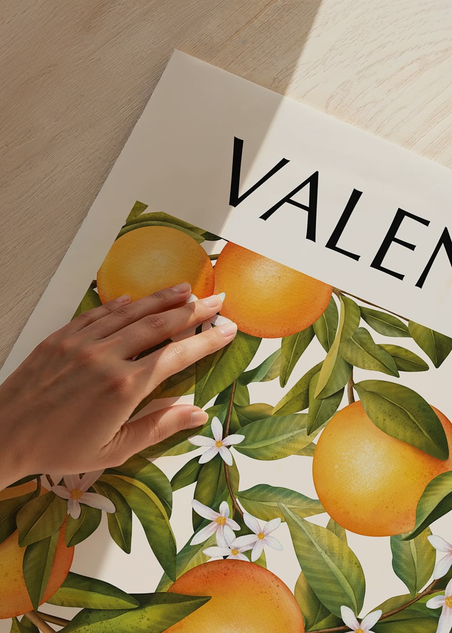 Illustration of oranges, green leaves and white flowers-12