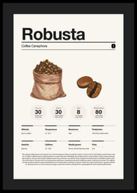 Kuvitettu kahvipussi ja robusta-papuja vaaleaa taustaa vasten-4