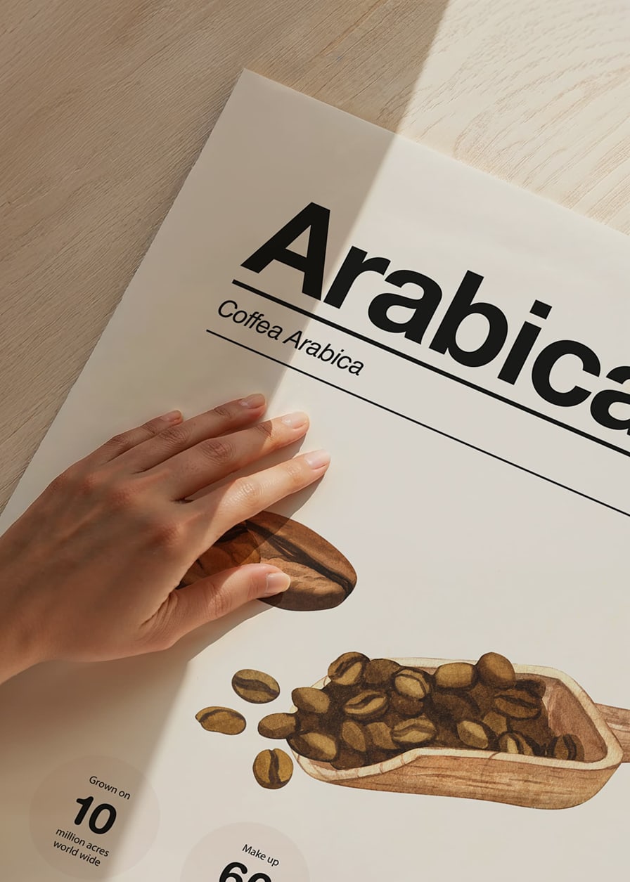 Ilustrētas arabikas pupiņas ar koka kausiņu uz gaiša fona-12
