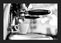 Black and white photo of espresso machine with cup during brewing-5