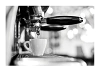 Black and white photo of espresso machine with cup during brewing-1