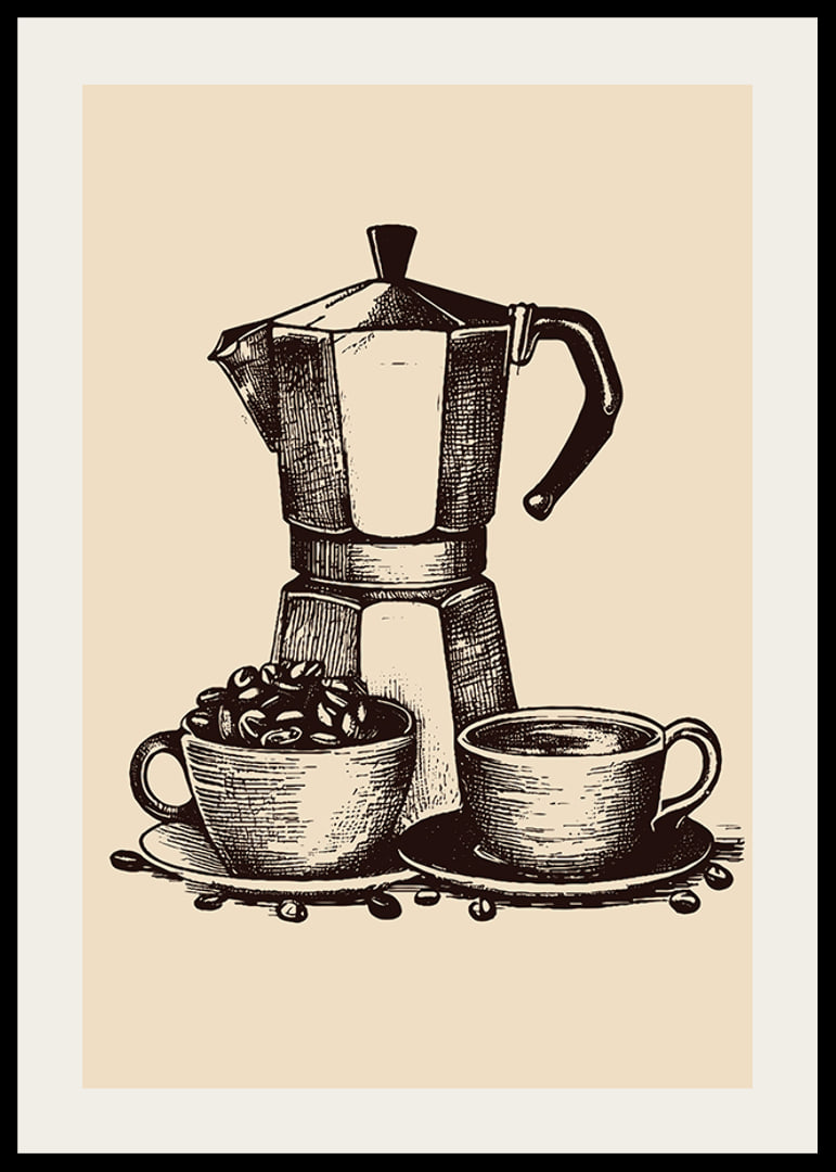 Illustrated moka coffee maker with two cups in brown tones-12