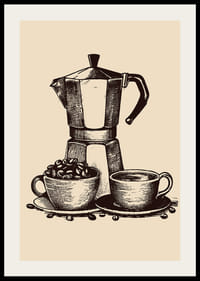 Illustrated moka coffee maker with two cups in brown tones-2