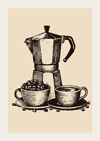 Illustrated moka coffee maker with two cups in brown tones-3