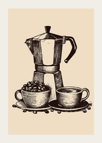 Illustrated moka coffee maker with two cups in brown tones-3