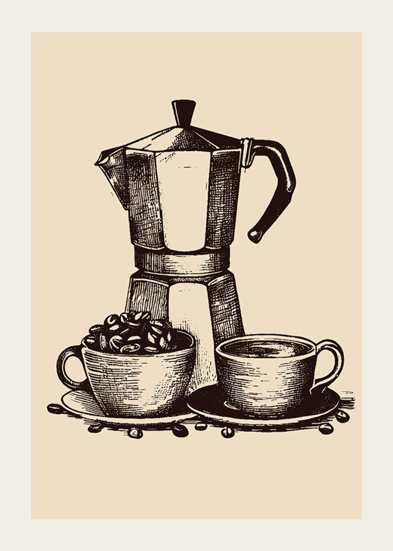 Illustrated moka coffee maker with two cups in brown tones-12