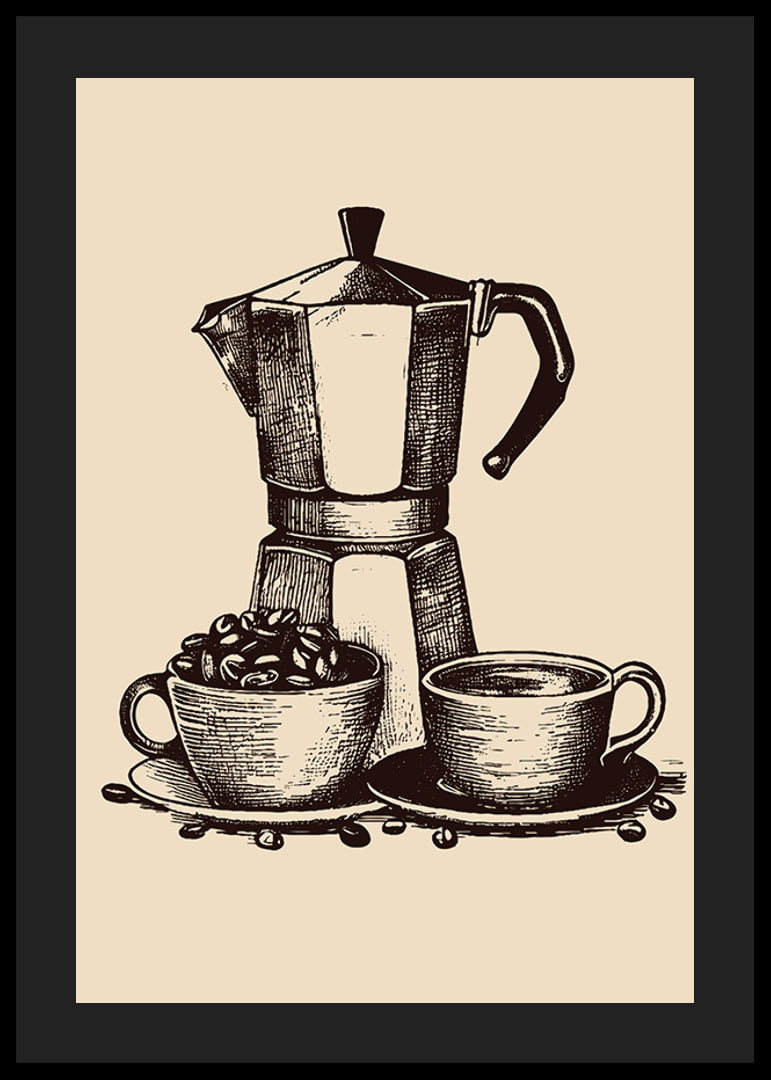 Illustrated moka coffee maker with two cups in brown tones-12