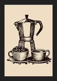 Illustrated moka coffee maker with two cups in brown tones-5