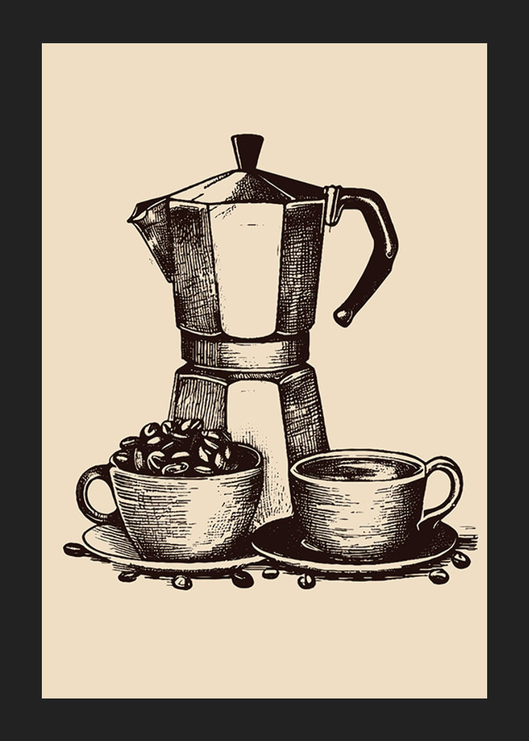 Illustrated moka coffee maker with two cups in brown tones-12