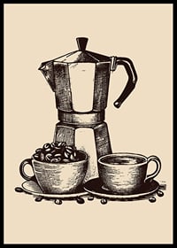 Illustrated moka coffee maker with two cups in brown tones-6
