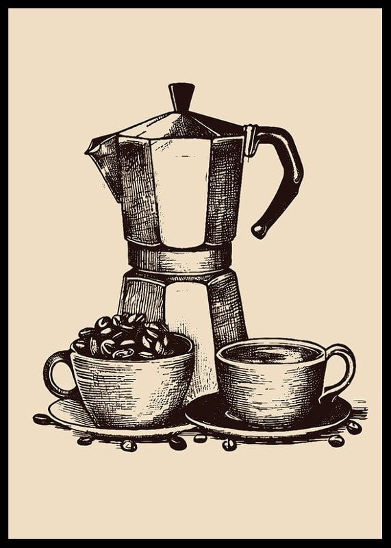 Illustrated moka coffee maker with two cups in brown tones-12