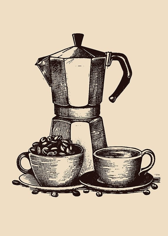 Illustrated moka coffee maker with two cups in brown tones-12