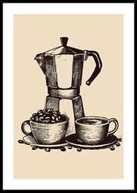 Illustrated moka coffee maker with two cups in brown tones-0