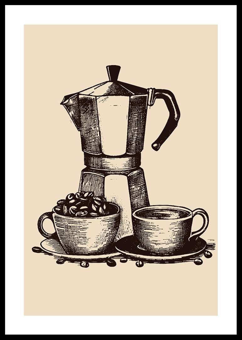 Illustrated moka coffee maker with two cups in brown tones-12
