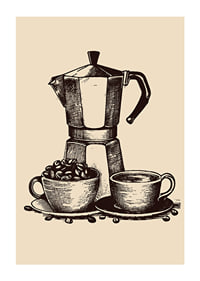 Illustrated moka coffee maker with two cups in brown tones-1