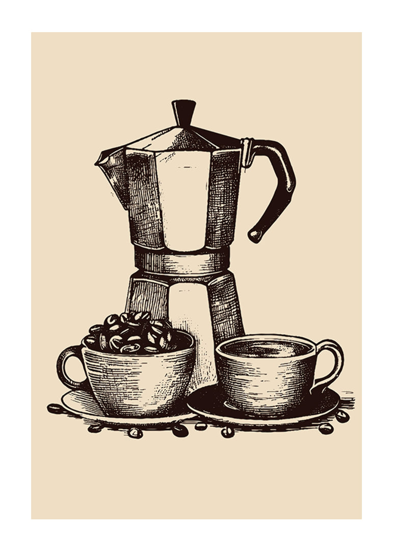 Illustrated moka coffee maker with two cups in brown tones-12