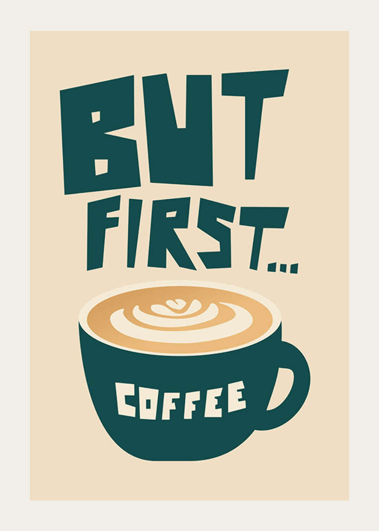 Graphic coffee cup with latte art and text in green and beige-12
