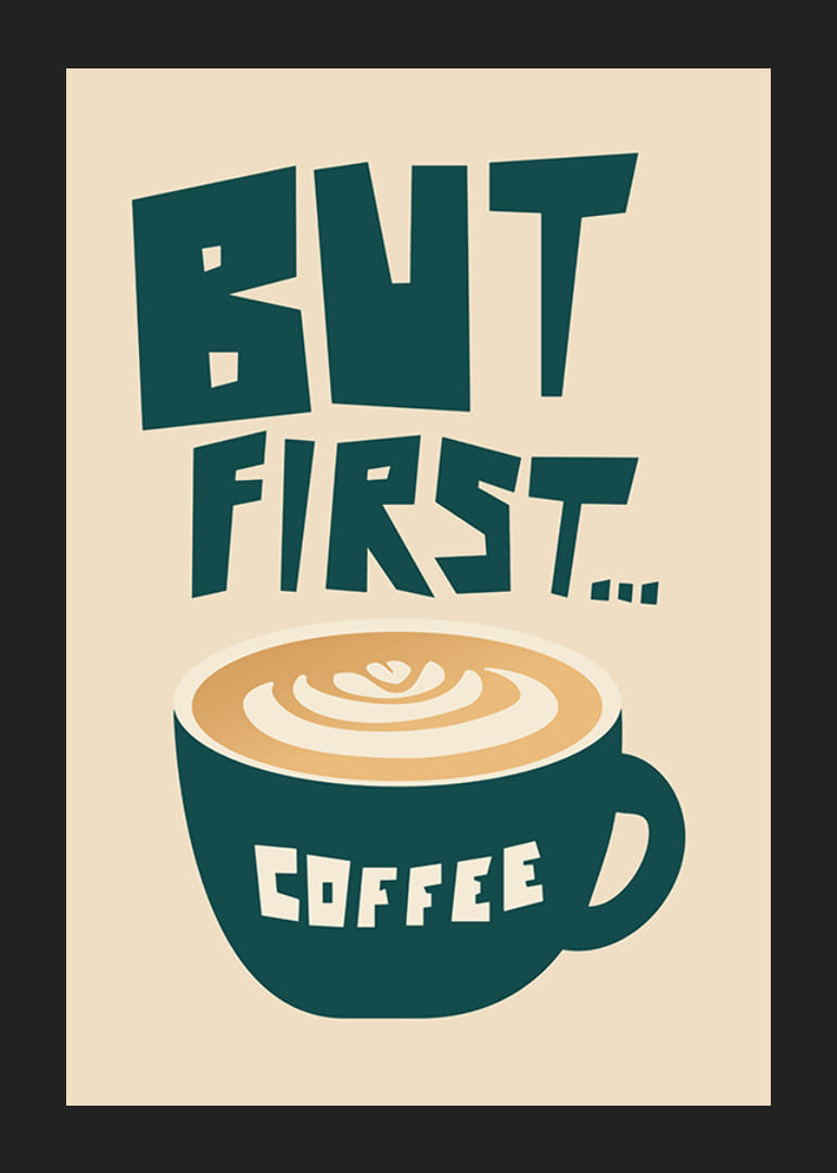 Tasse à café graphique avec latte art et texte en vert et beige-12