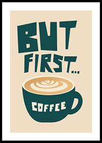 Graphic coffee cup with latte art and text in green and beige-0