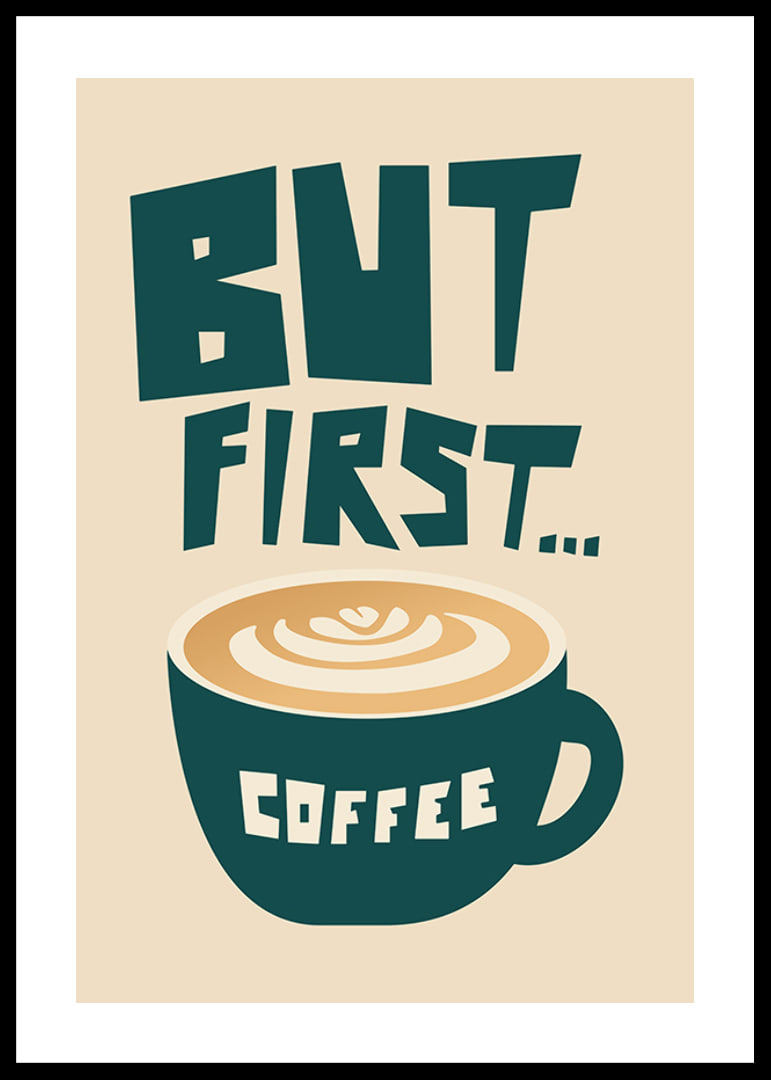 Graphic coffee cup with latte art and text in green and beige-12