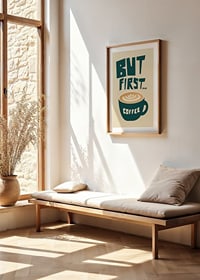 Graphic coffee cup with latte art and text in green and beige-8