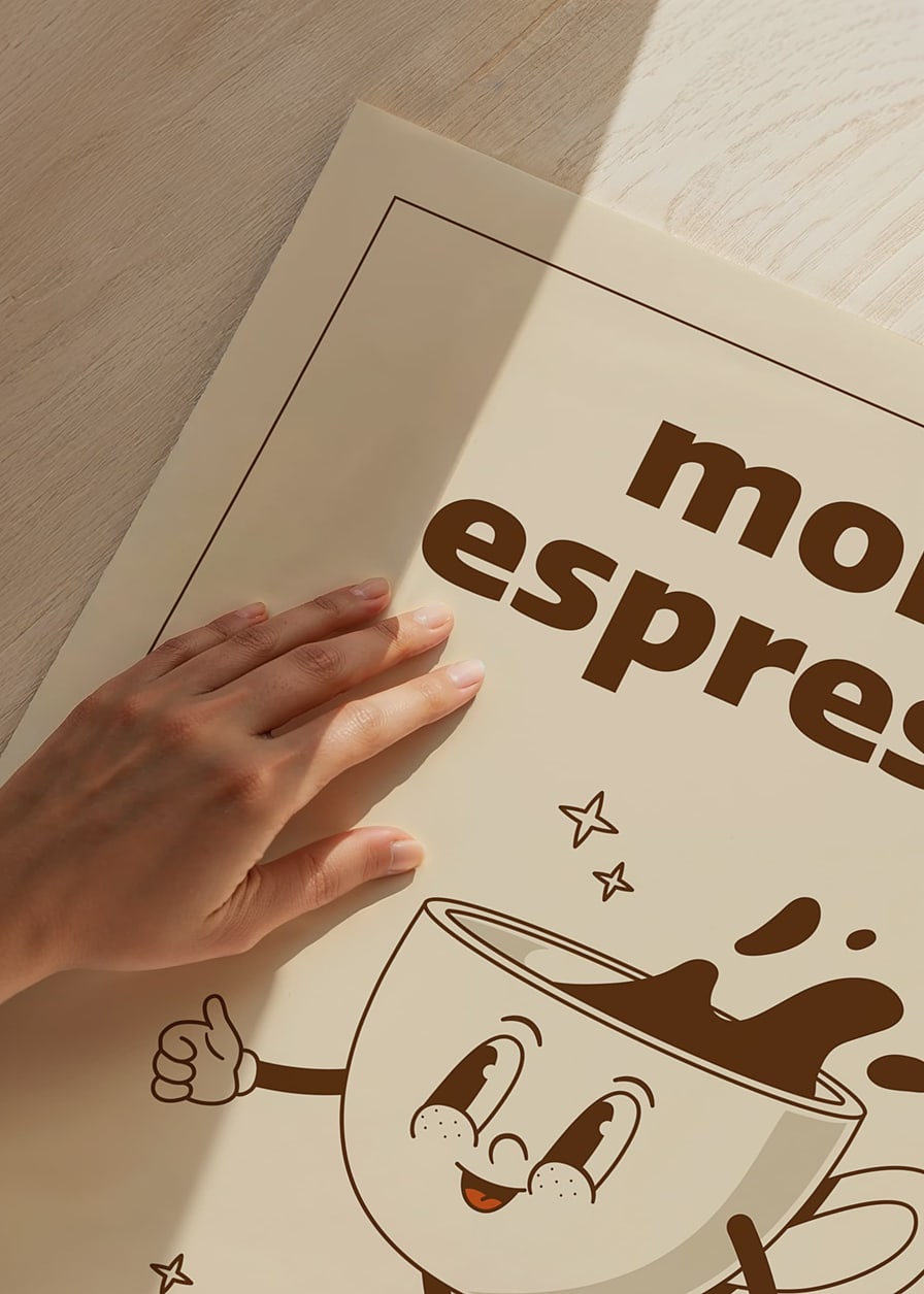Cartoon coffee cup with face and arms on beige background-12