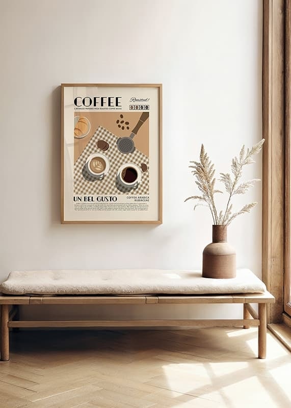 Grafisk illustration med kaffekoppar, croissant och kaffebönor-12