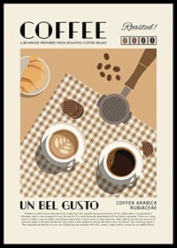 Grafisk illustration med kaffekoppar, croissant och kaffebönor-0