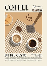 Grafisk illustration med kaffekoppar, croissant och kaffebönor-1