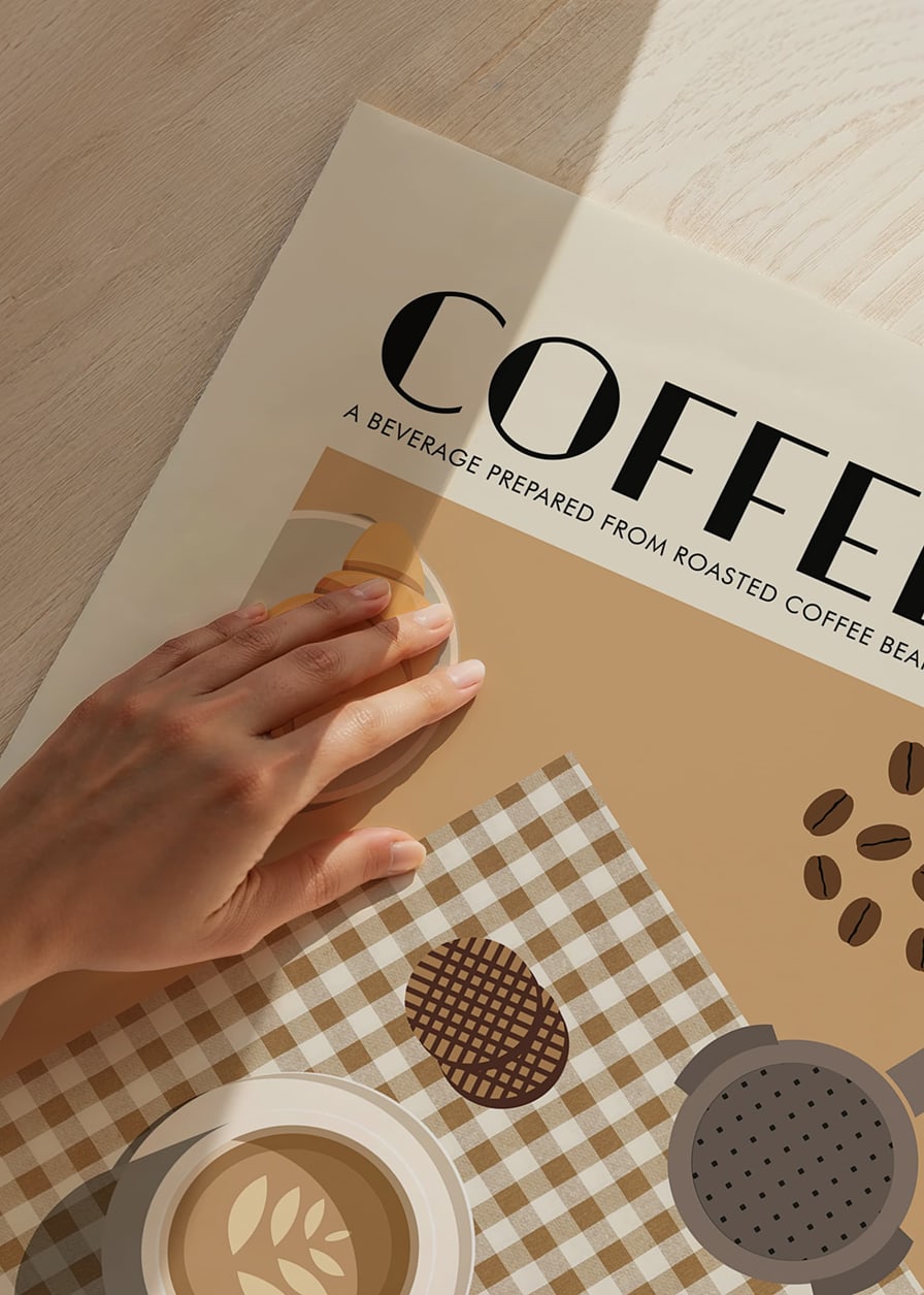 Grafisk illustration med kaffekoppar, croissant och kaffebönor-12