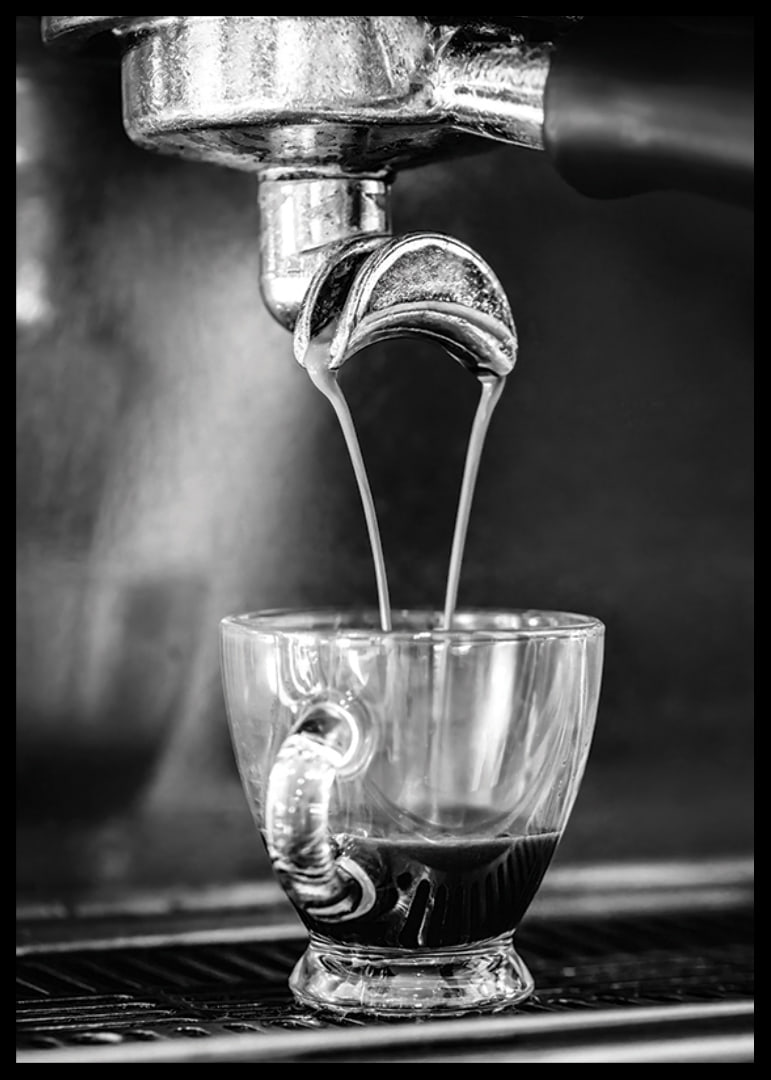 Black and white photo of espresso machine brewing coffee in cup-12