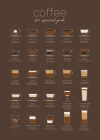 Illustrerade kaffedrycker med ingredienser på brun bakgrund-7