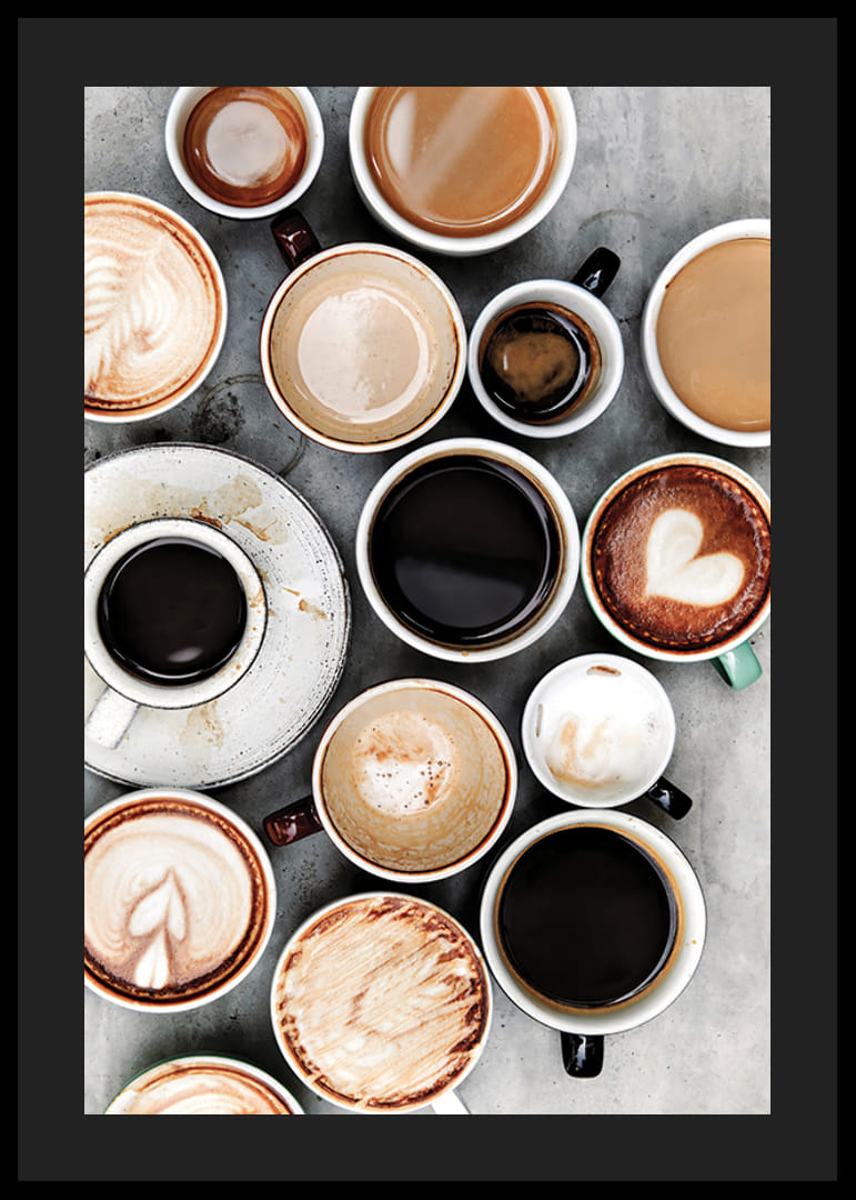 Fotografi av kaffekoppar med olika sorters kaffe ovanifrån-12