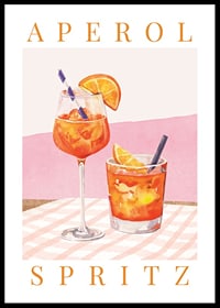 Watercolor of two Aperol Spritz on checkered cloth with orange slices-0