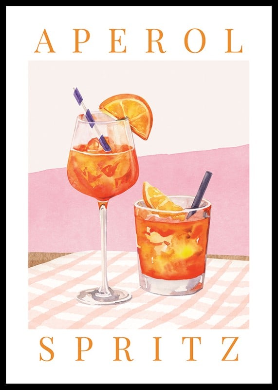 Watercolor of two Aperol Spritz on checkered cloth with orange slices-12