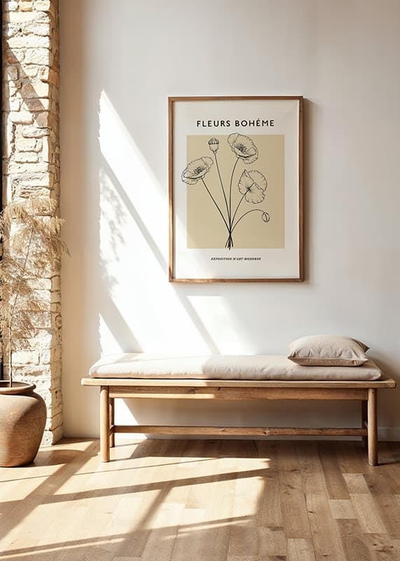 Botanical line art of poppy flowers on beige background-12