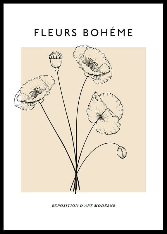 Botanical line art of poppy flowers on beige background-12