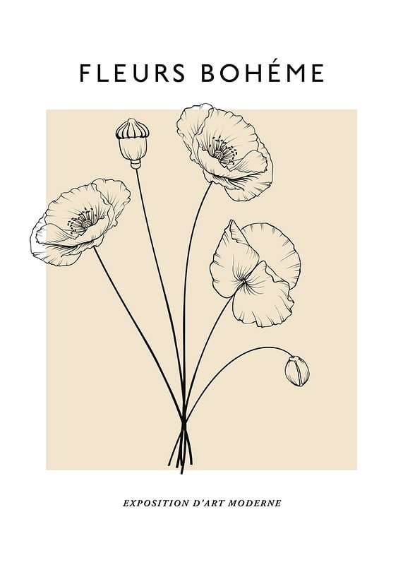 Botanical line art of poppy flowers on beige background-12