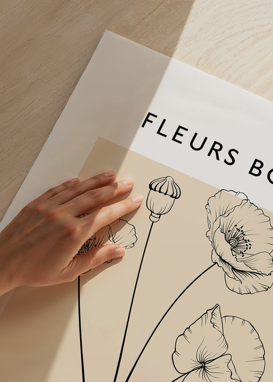 Botanical line art of poppy flowers on beige background-12