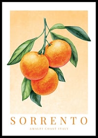 Watercolor painting of three oranges with green leaves on light orange background-0