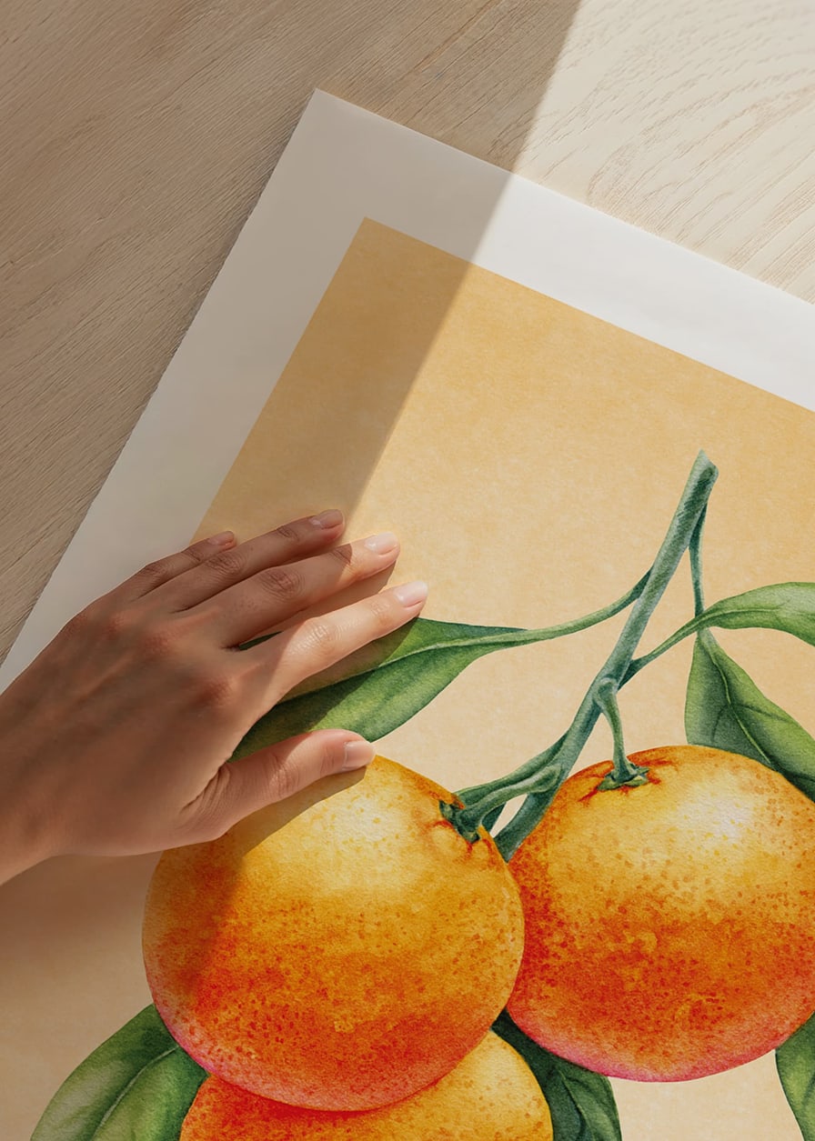 Watercolor painting of three oranges with green leaves on light orange background-12