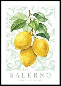 Watercolor of three lemons with green leaves against a patterned background-0