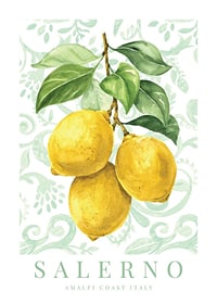 Watercolor of three lemons with green leaves against a patterned background-1