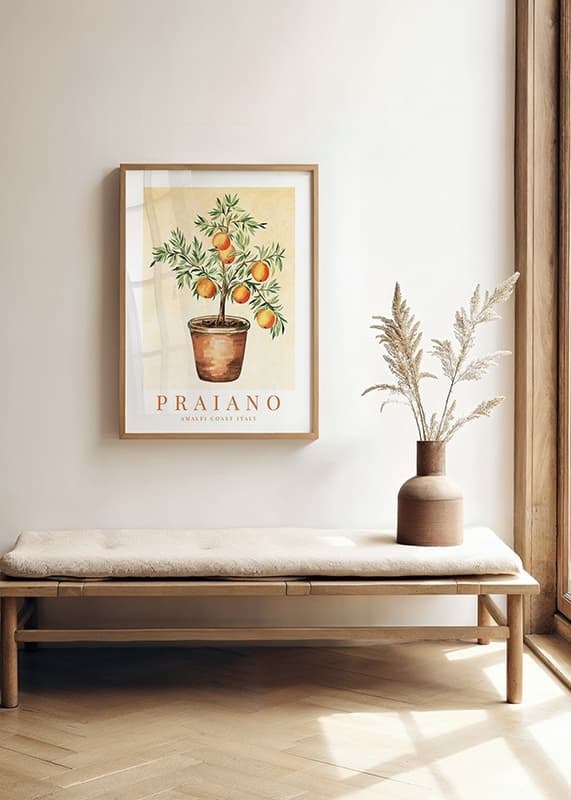 Watercolor painting of orange tree in clay pot against light background-12