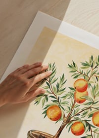 Watercolor painting of orange tree in clay pot against light background-3
