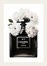 Bottiglia di profumo nera illustrata con fiori bianchi sulla parte superiore-3