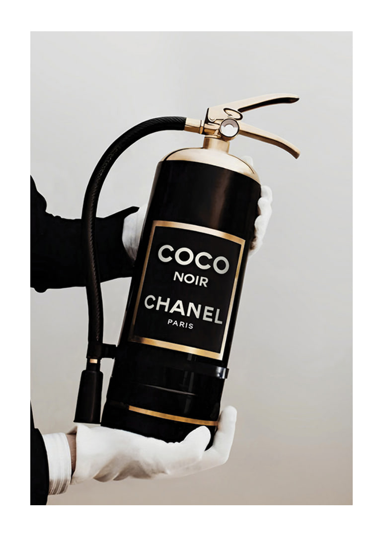Stylized fire extinguisher in black and gold with Chanel label-12